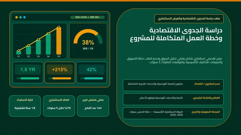 معاينة قالب عرض دراسة جدوى اقتصادية وخطة عمل مشروع للمستثمرين باللغة العربية PowerPoint